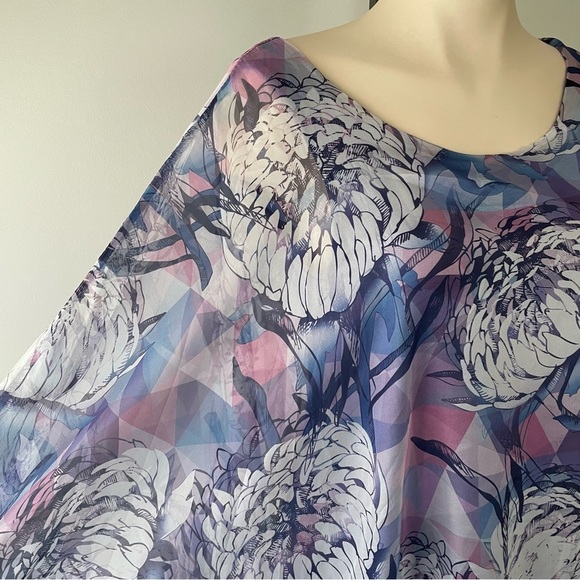 Creation Silk Batwing Blouse Tunic Top Long Longline Floral Purple Size Small - Picture 5 of 9